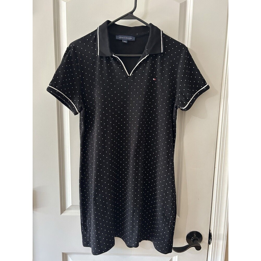 Tommy Hilfiger Size L Black Polo Dress Polka Dot Trim Cotton Short Sleeve Midi